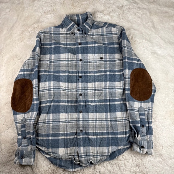 J. Crew Button Down Flannel Shirt Leather Elbow Patches Blue Men's Small - Picture 1 of 9